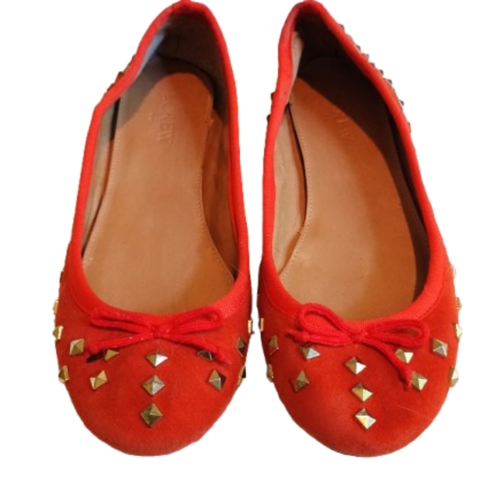 J.Crew Womens Ballet Flats Shoes Orange Suede Slip On Studded Round Toe Bow - Picture 12 of 16